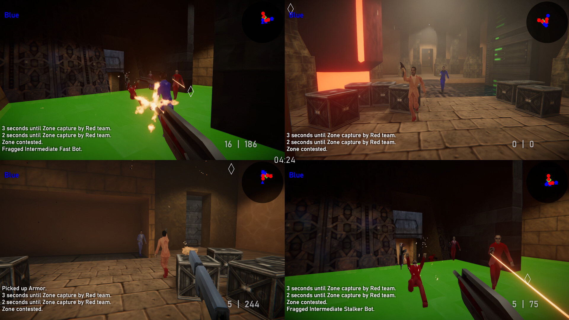 Four-player split-screen Agent 64 Arena match in Zone mode