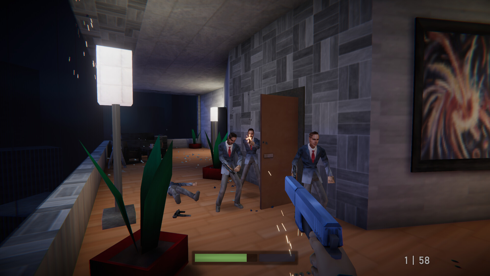 First-person Agent 64 shootout against suited guards inside a penthouse