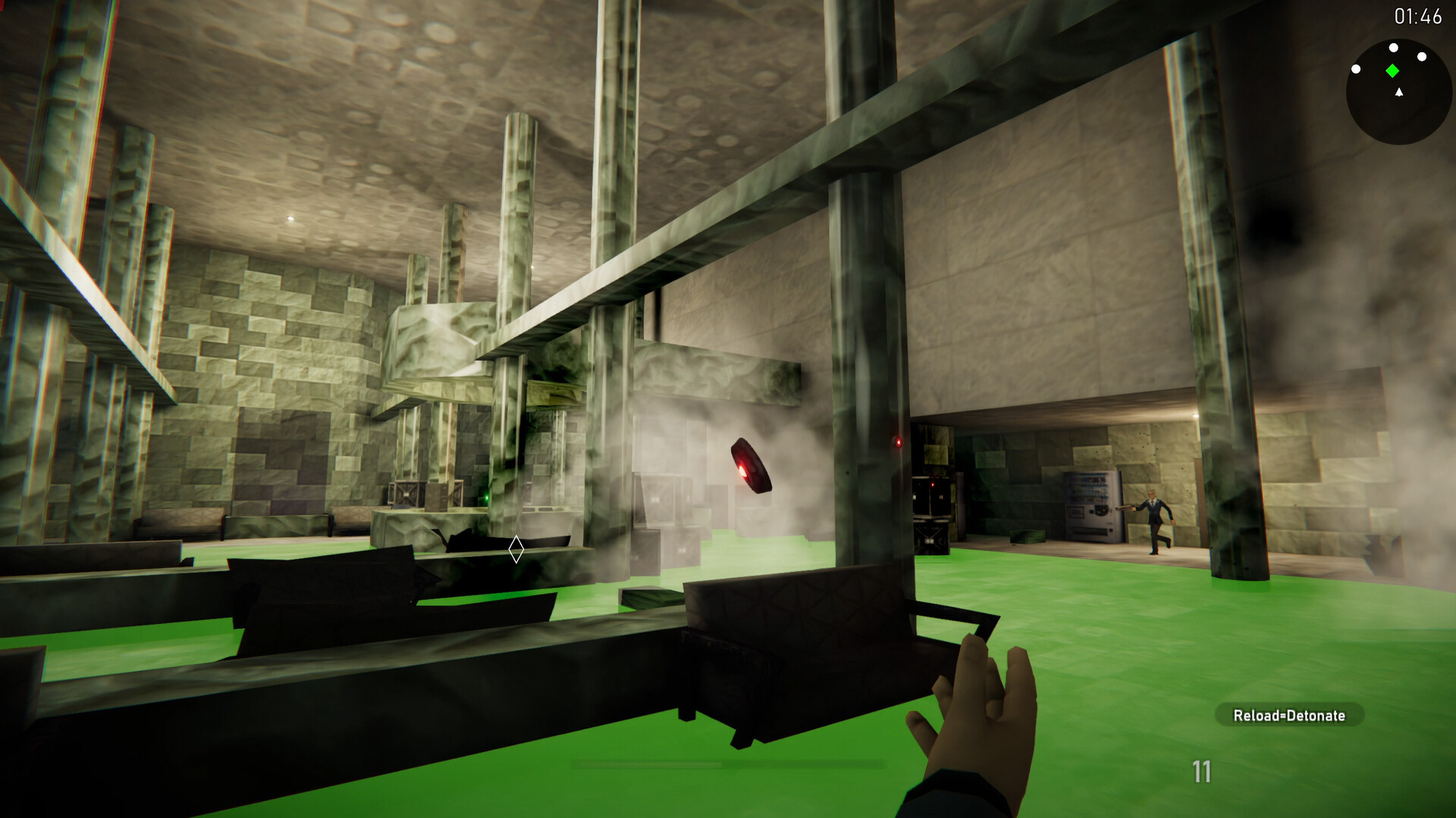 Agent 64 player holding a remote detonator inside an industrial mission area