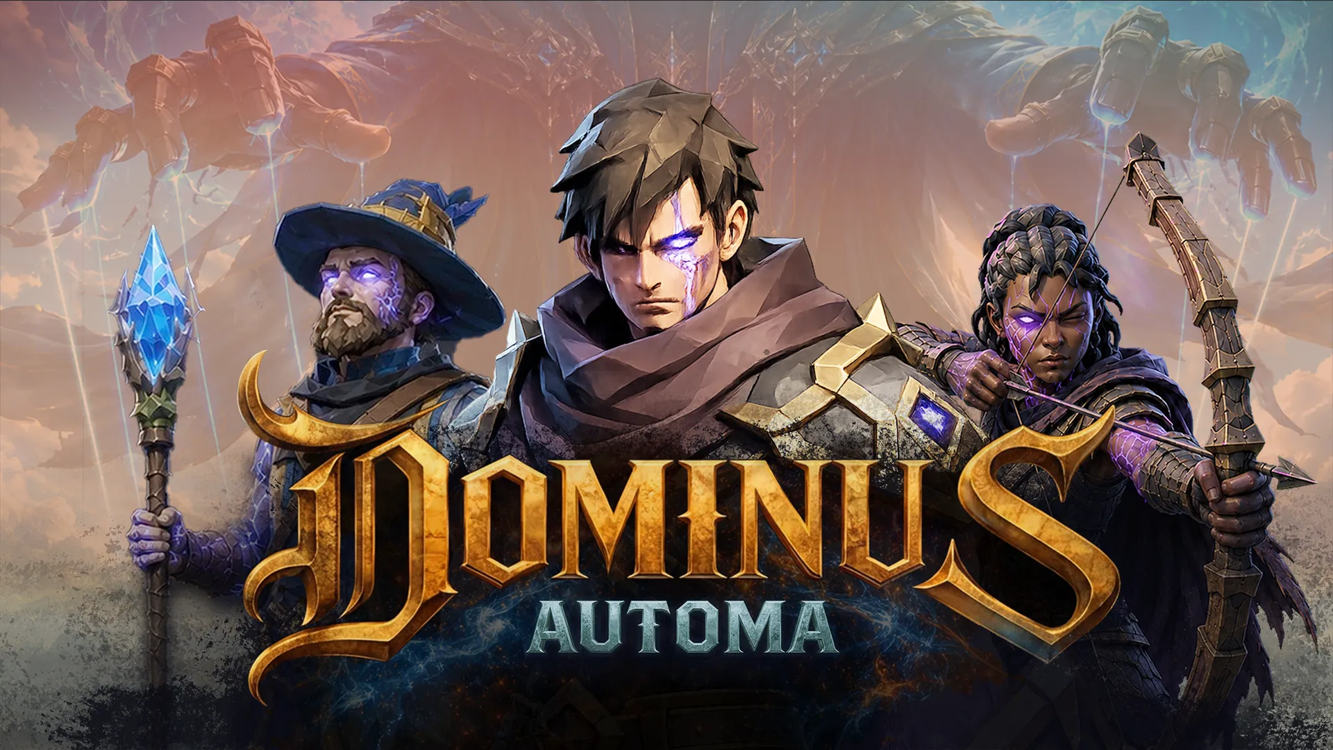 Dominus Automa key art with three fantasy heroes beneath giant spectral hands
