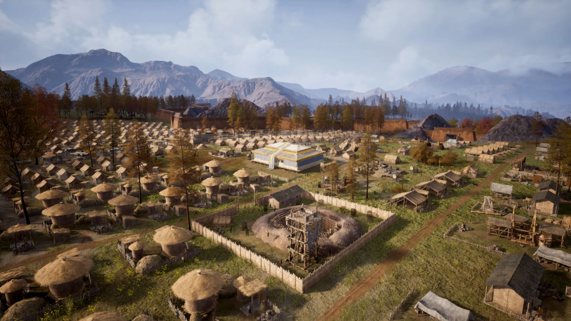 Mandate Order settlement spread across farmland beside a river and mountains